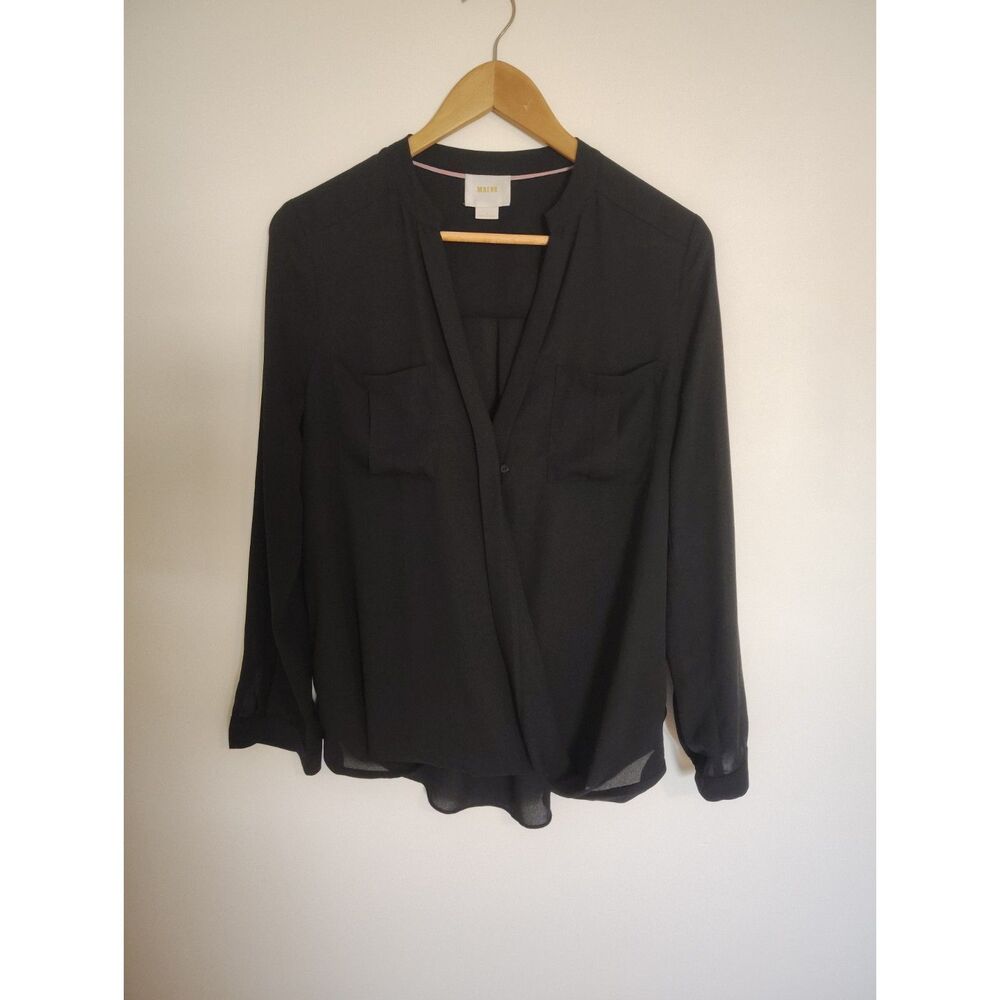 Maeve by Anthropologie Black Blouse Folded Hem Dark Academia Corpcore